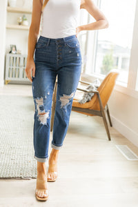 Judy Blue High Rise Button Fly Distressed Boyfriend Jeans