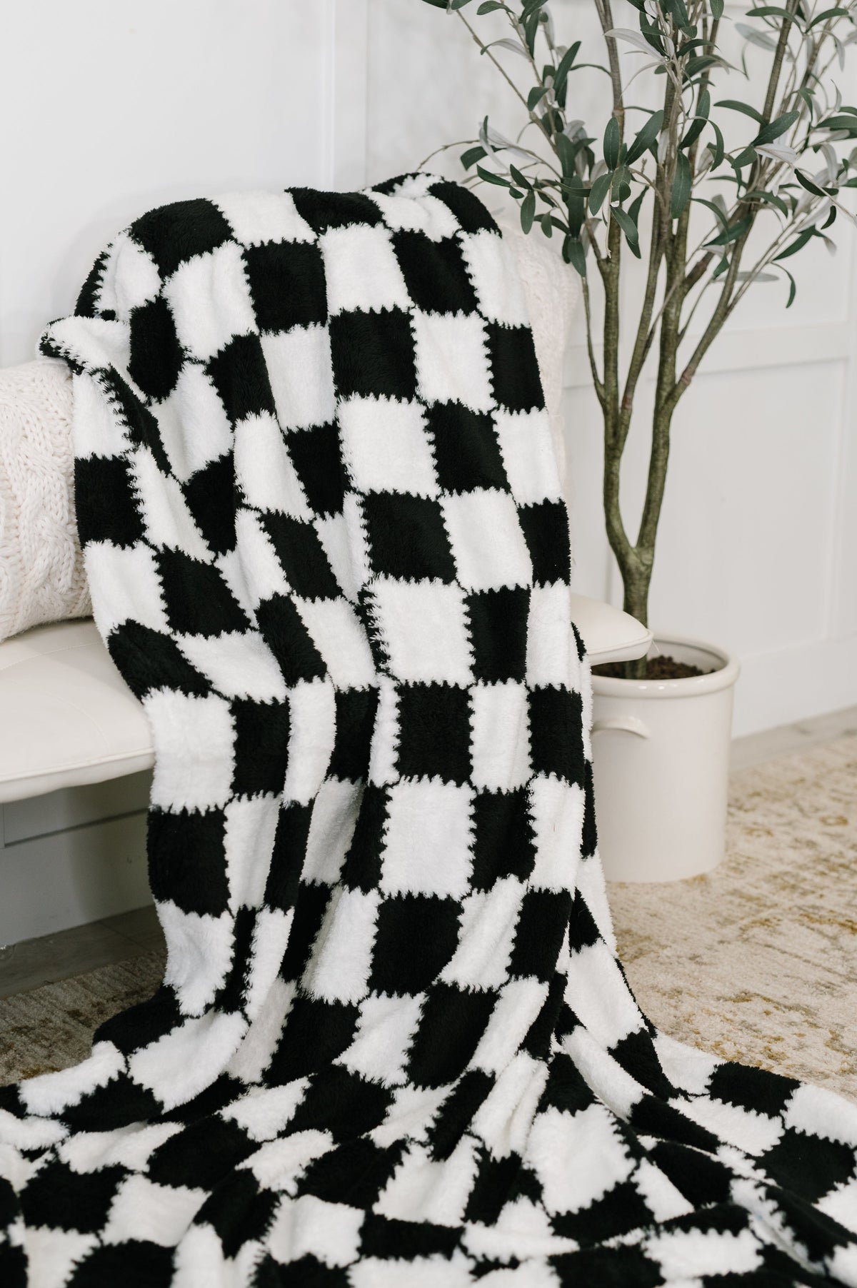 Black and white checkered blanket draped over a chair with a plant in the background.