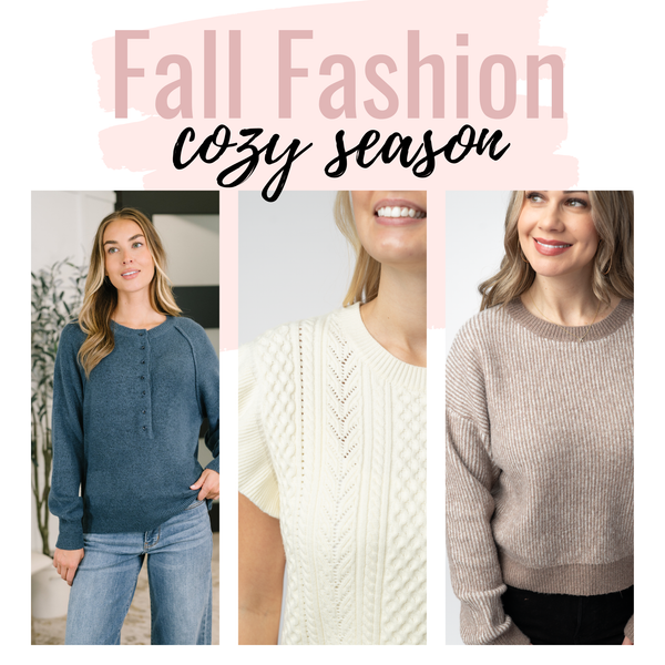Three women modeling cozy fall sweaters in a collage layout with a pink and white header that reads 'Fall Fashion cozy season.' The left sweater is a slate blue henley with jeans; the center sweater is an off-white cable-knit short-sleeve top shown in a close crop; the right sweater is a taupe ribbed crewneck sweater.