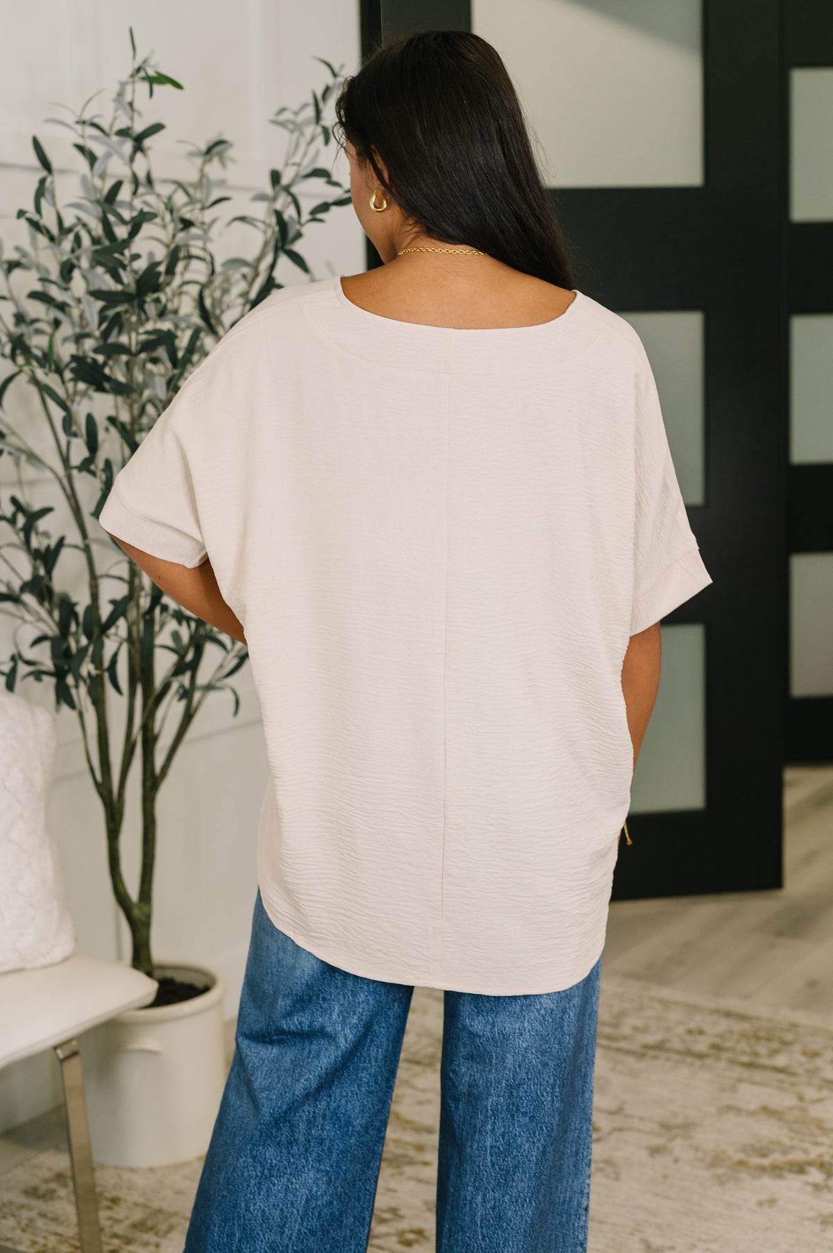 Counter Part Crinkle Woven V-Neck Top in Sand Beige