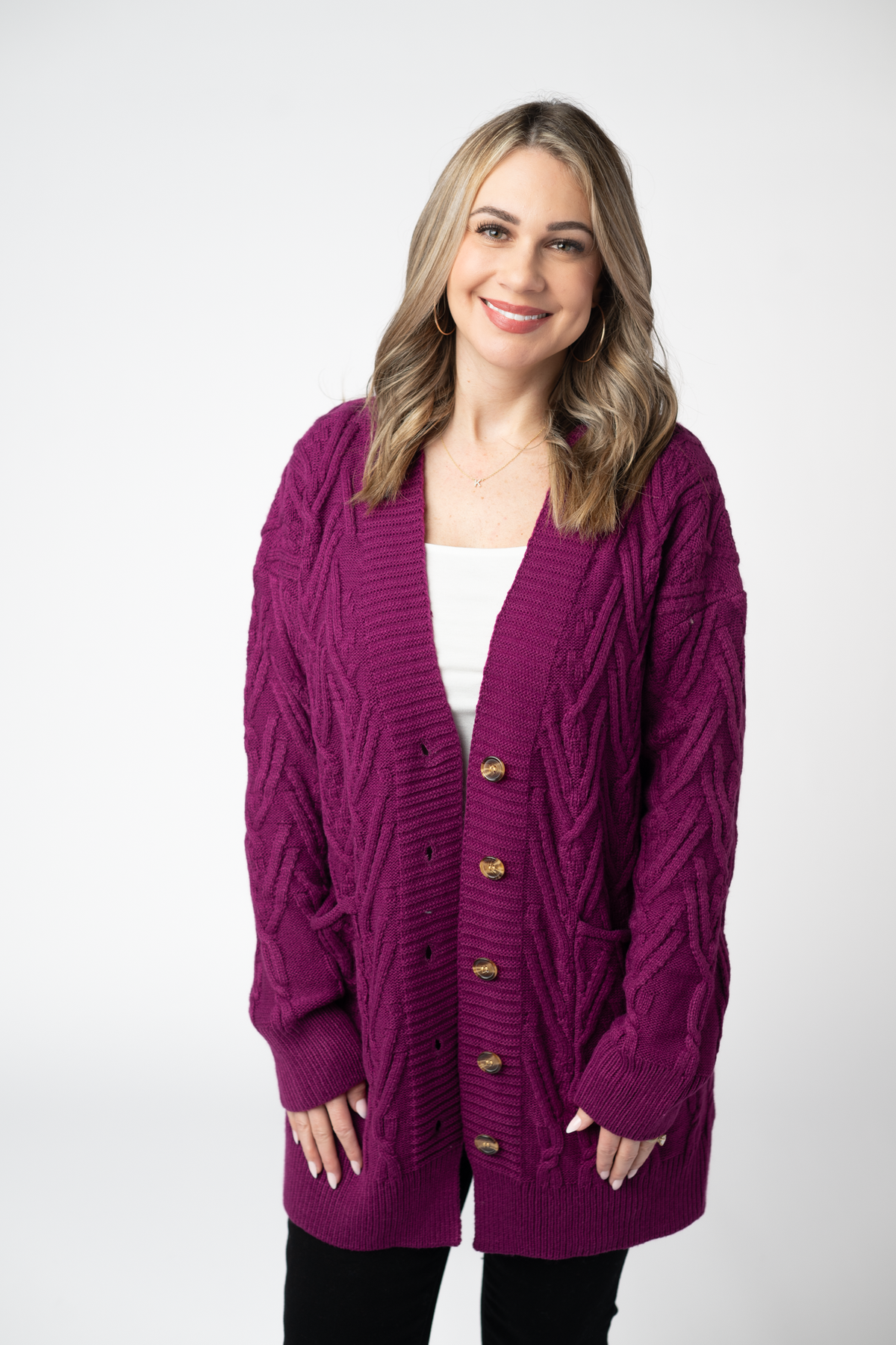 Brooks Button Sweater Cardigan in Magenta