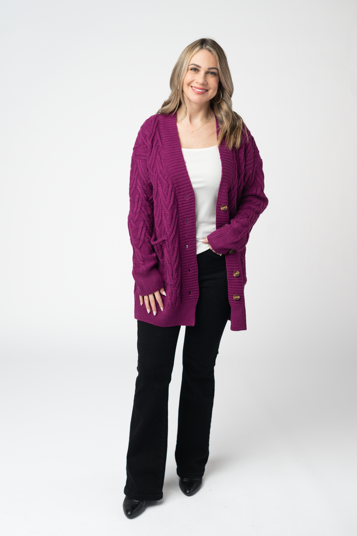 Brooks Button Sweater Cardigan in Magenta