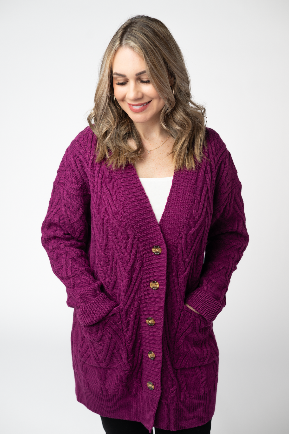 Brooks Button Sweater Cardigan in Magenta