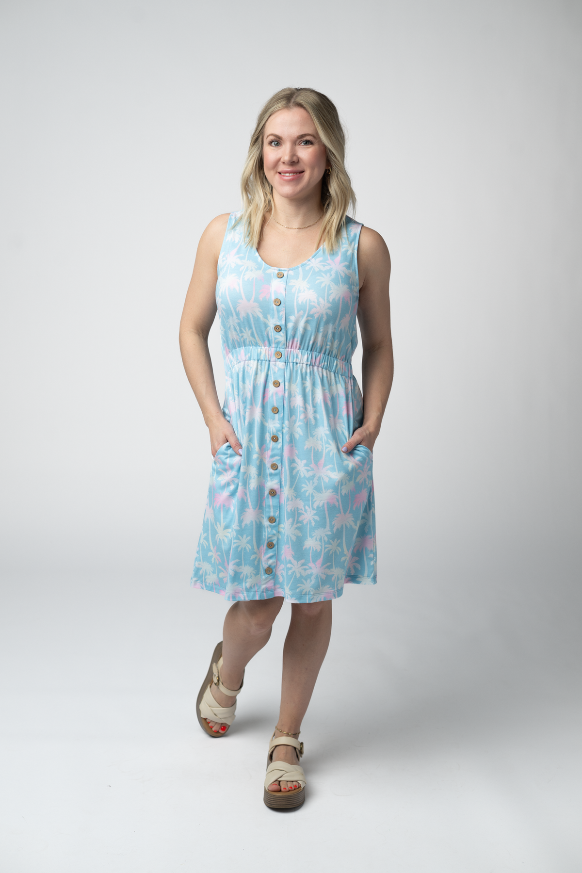 Beverly Button Dress in Aqua Palm