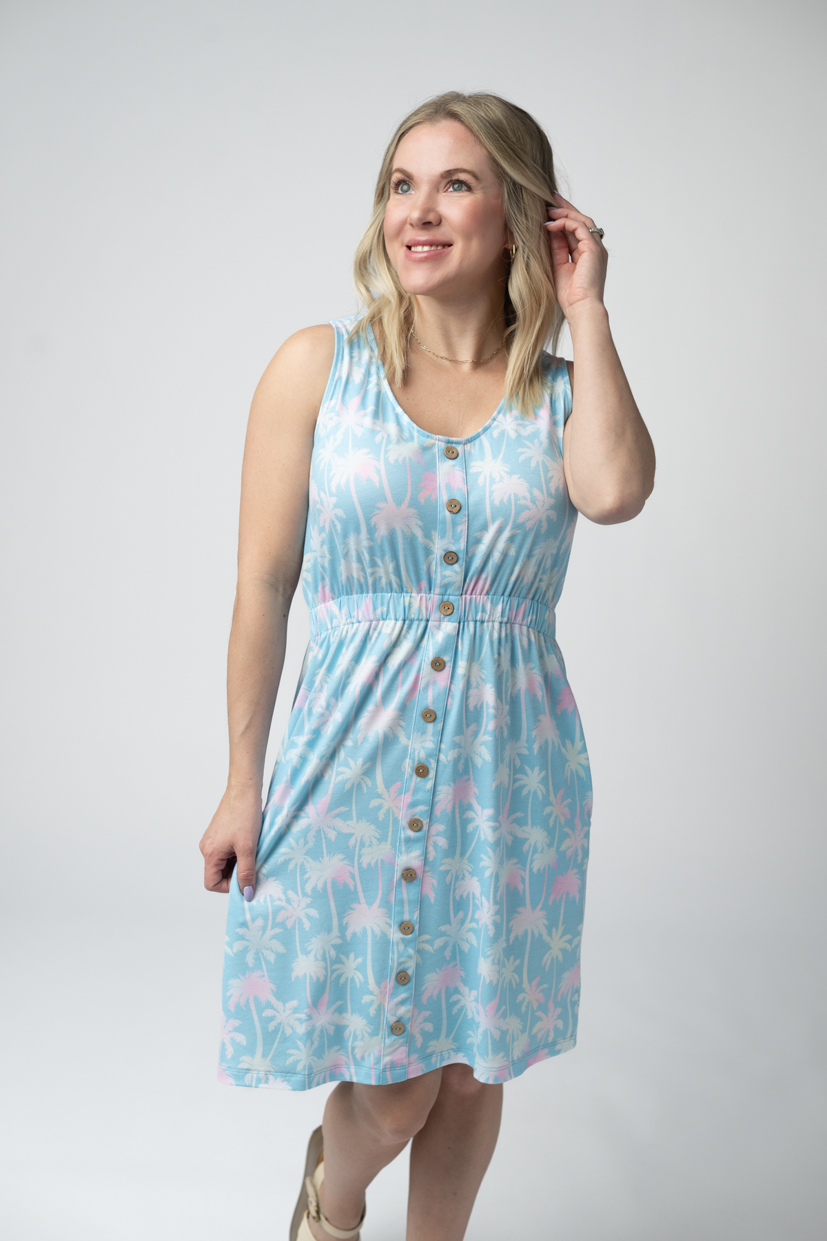 Beverly Button Dress in Aqua Palm