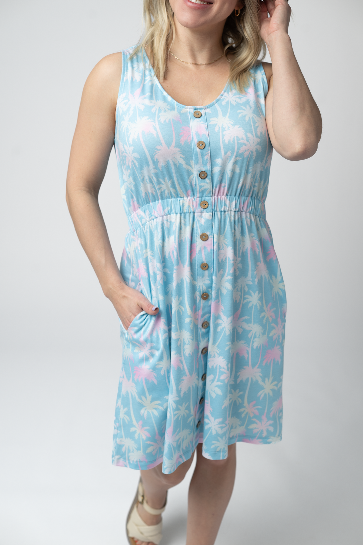 Beverly Button Dress in Aqua Palm