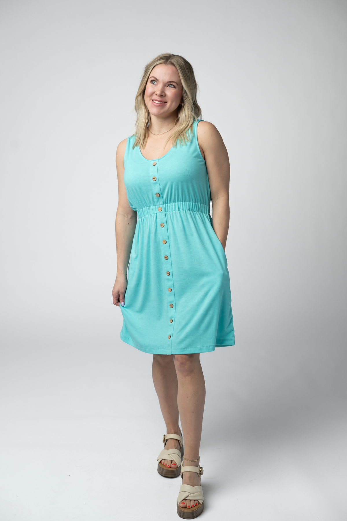 Beverly Button Dress in Aqua
