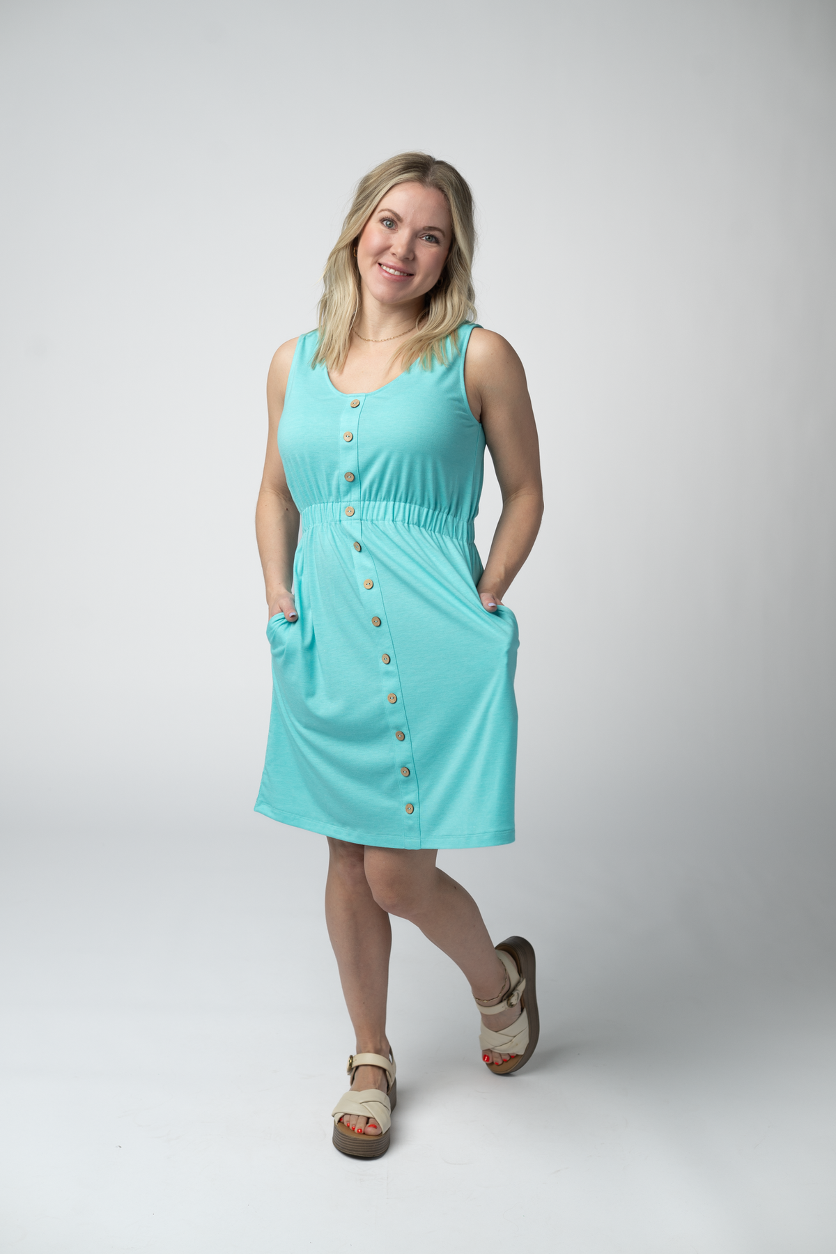 Beverly Button Dress in Aqua