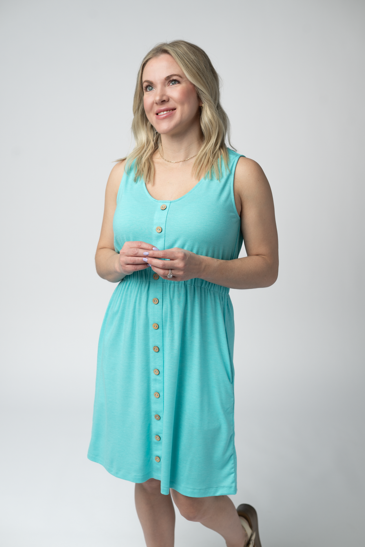 Beverly Button Dress in Aqua