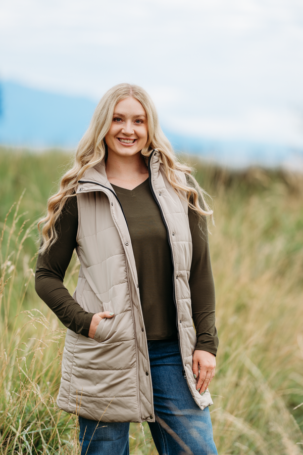 Harlow Long Vest in Latte