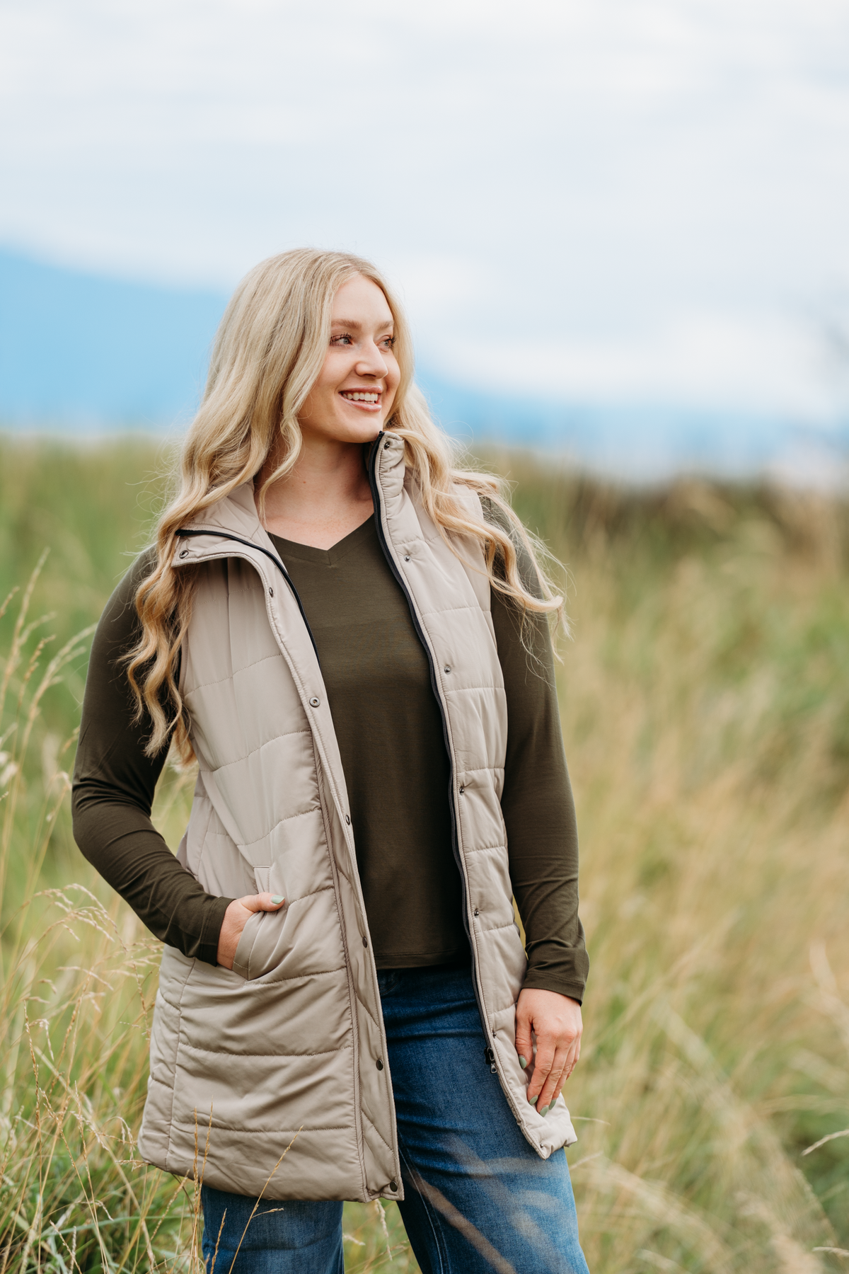 Harlow Long Vest in Latte