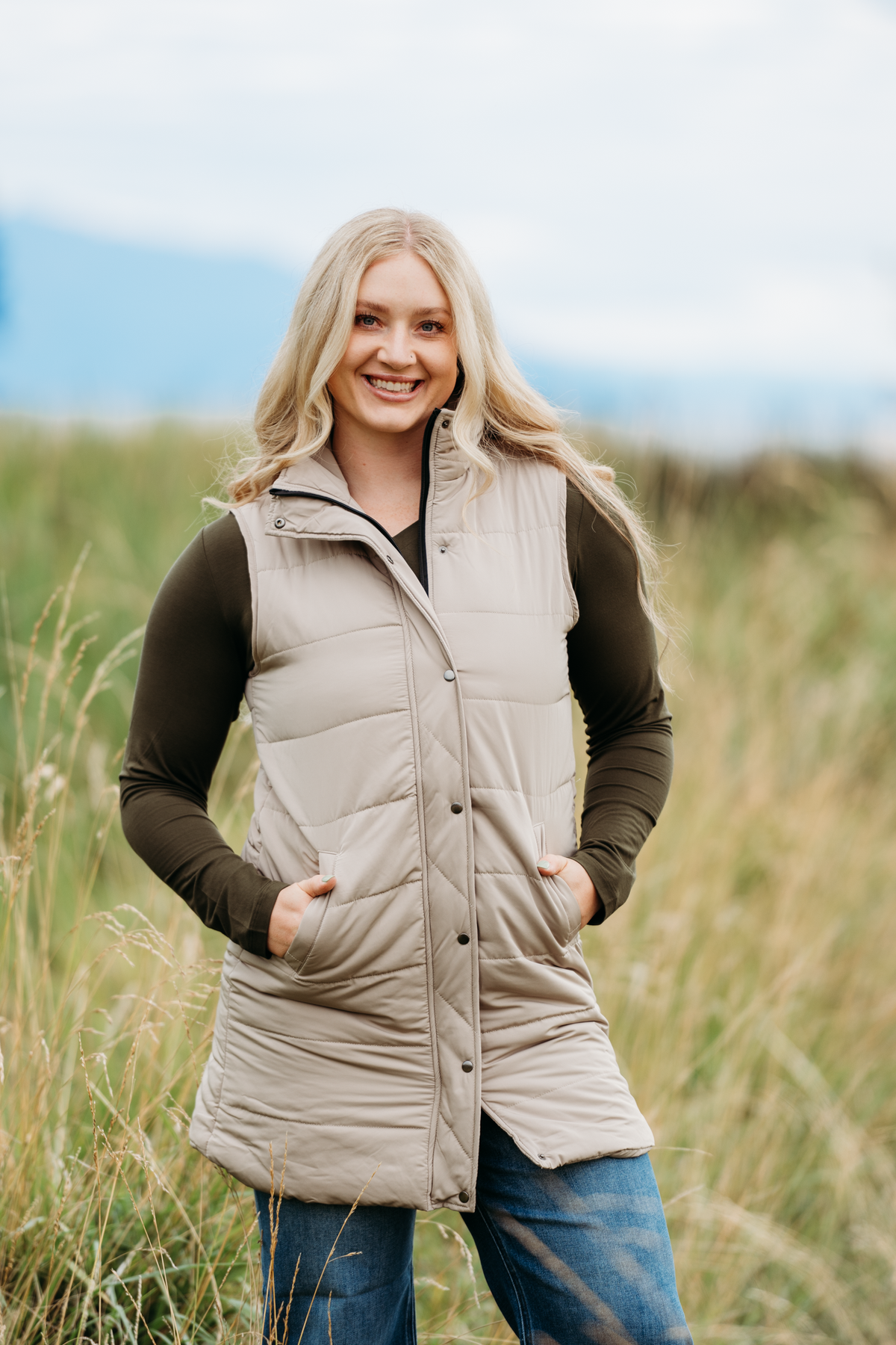 Harlow Long Vest in Latte
