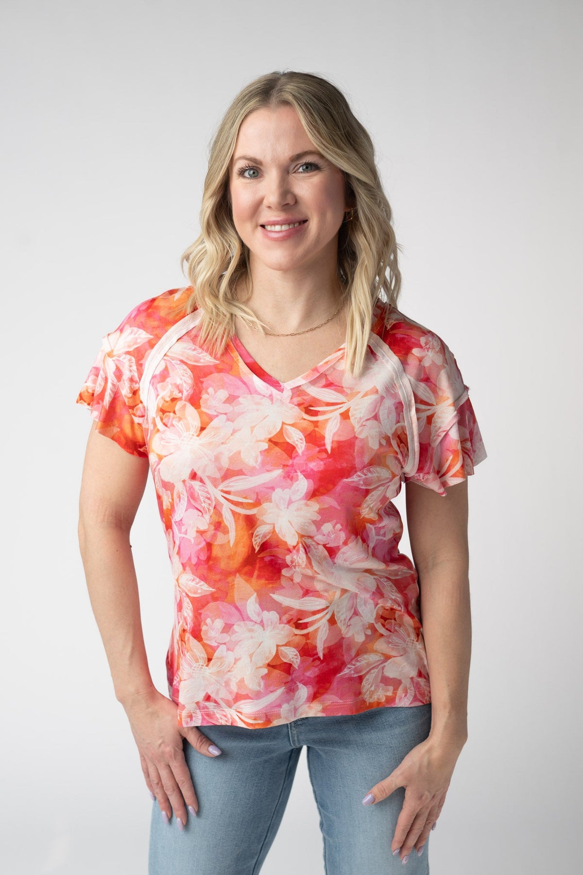 Raelynn V-Neck Top in Sunset Tropical Floral