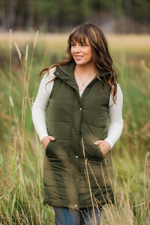 Harlow Long Vest in Dark Olive