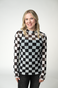 Blair Mesh Long Sleeve Top in Black and White Checkers