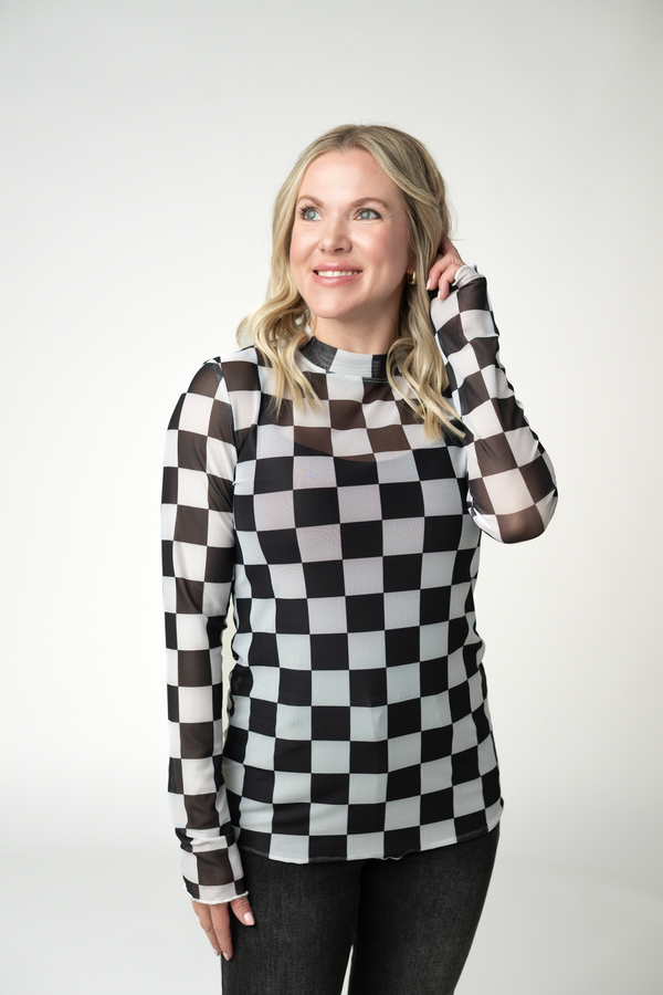 Blair Mesh Long Sleeve Top in Black and White Checkers