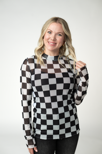 Blair Mesh Long Sleeve Top in Black and White Checkers