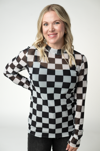 Blair Mesh Long Sleeve Top in Black and White Checkers
