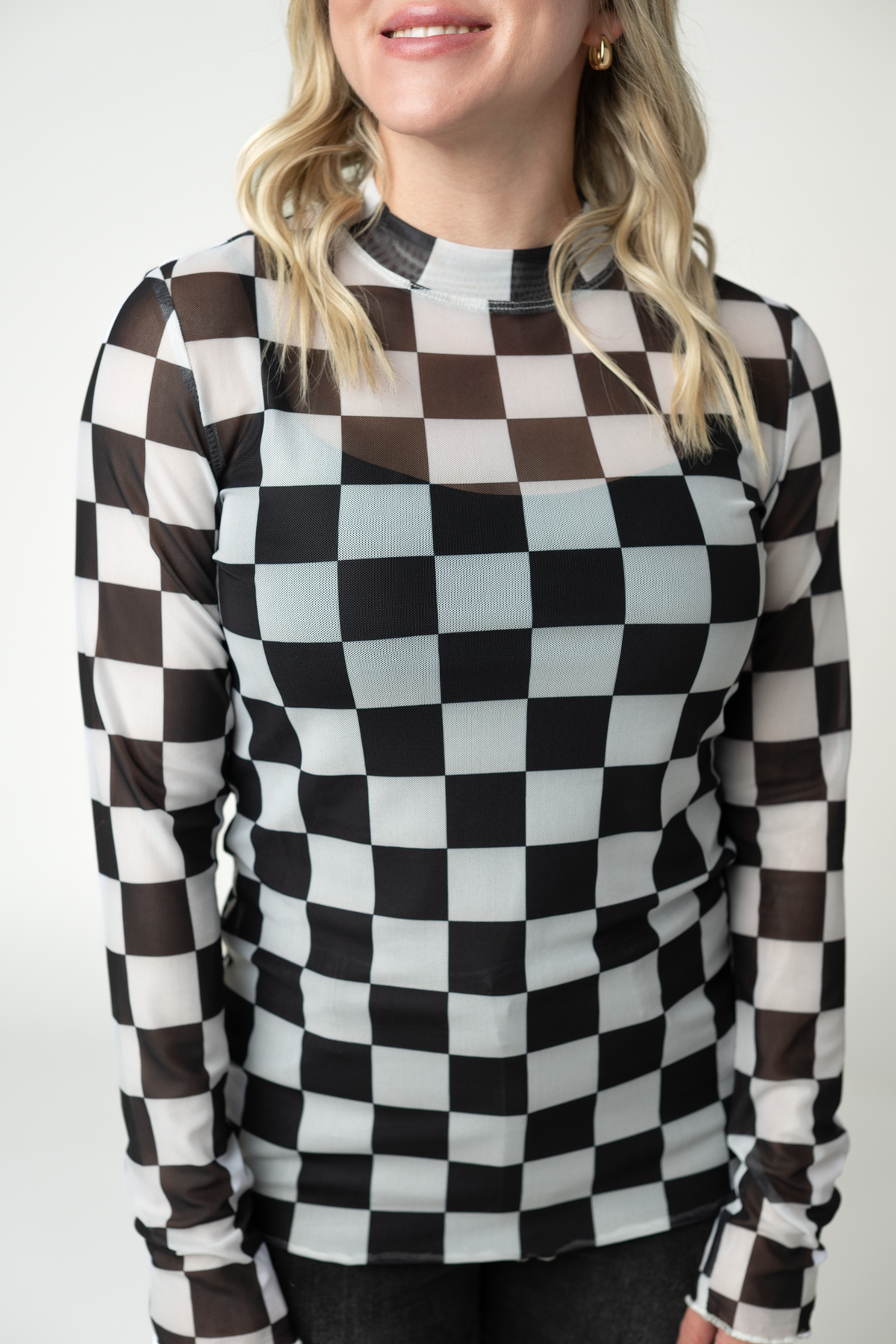 Blair Mesh Long Sleeve Top in Black and White Checkers