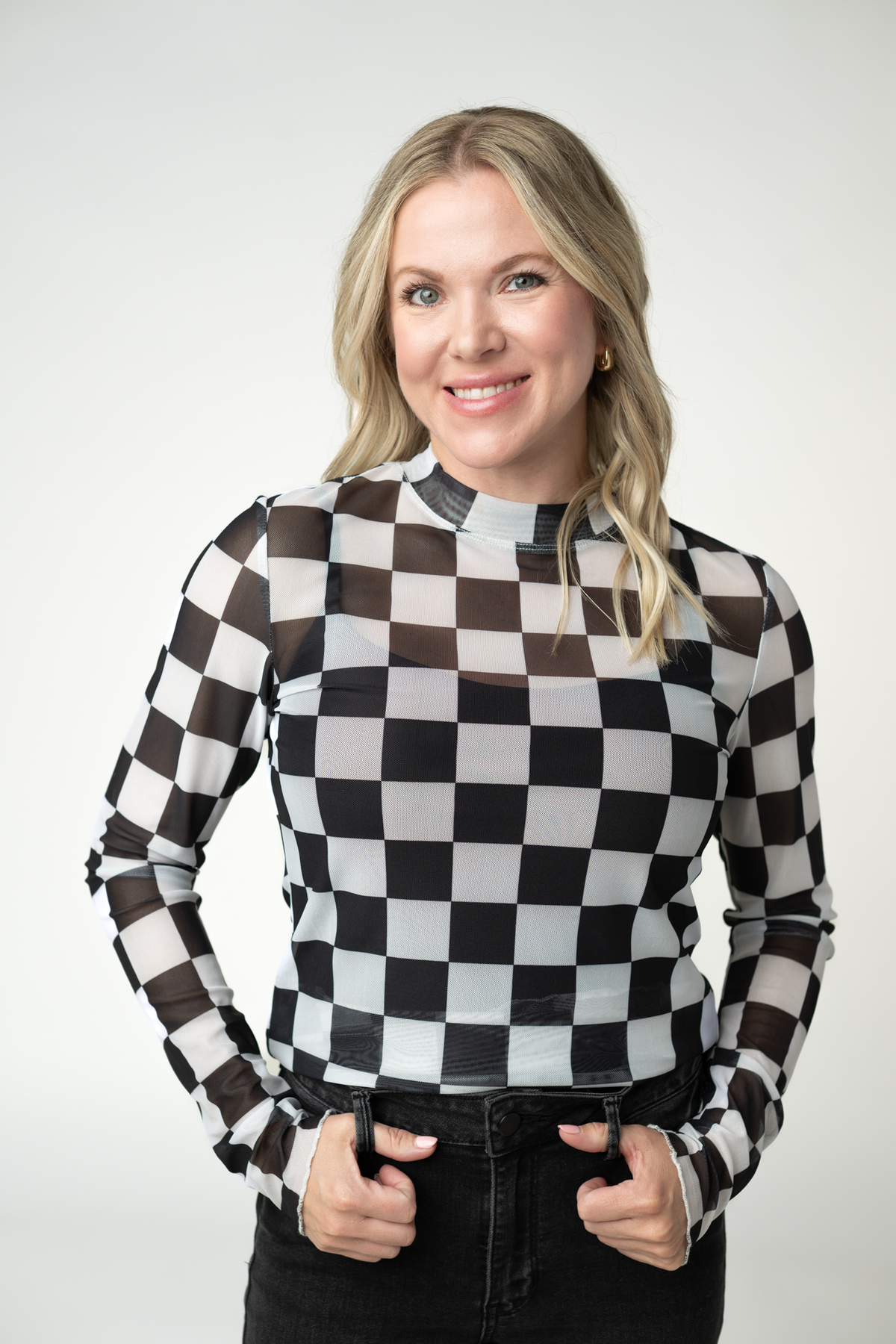 Blair Mesh Long Sleeve Top in Black and White Checkers