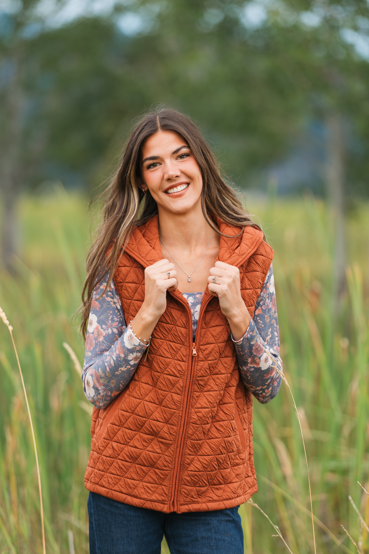 Heather Geometric Hooded Vest in Rust