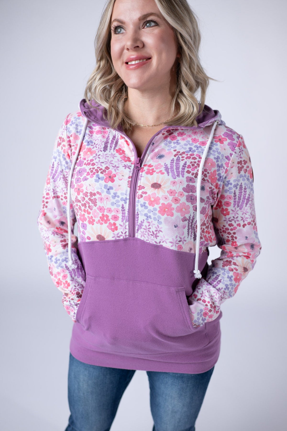 Halfzip Hoodie in Coral Sunset Floral and Mauve