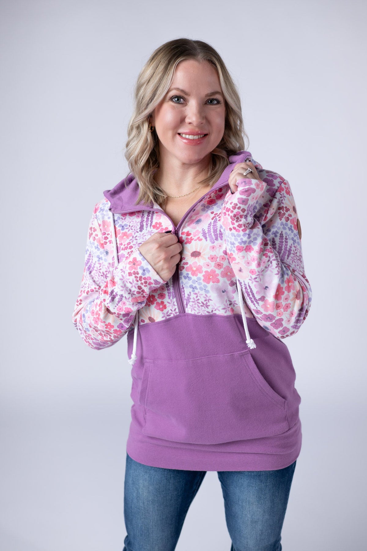 Halfzip Hoodie in Coral Sunset Floral and Mauve