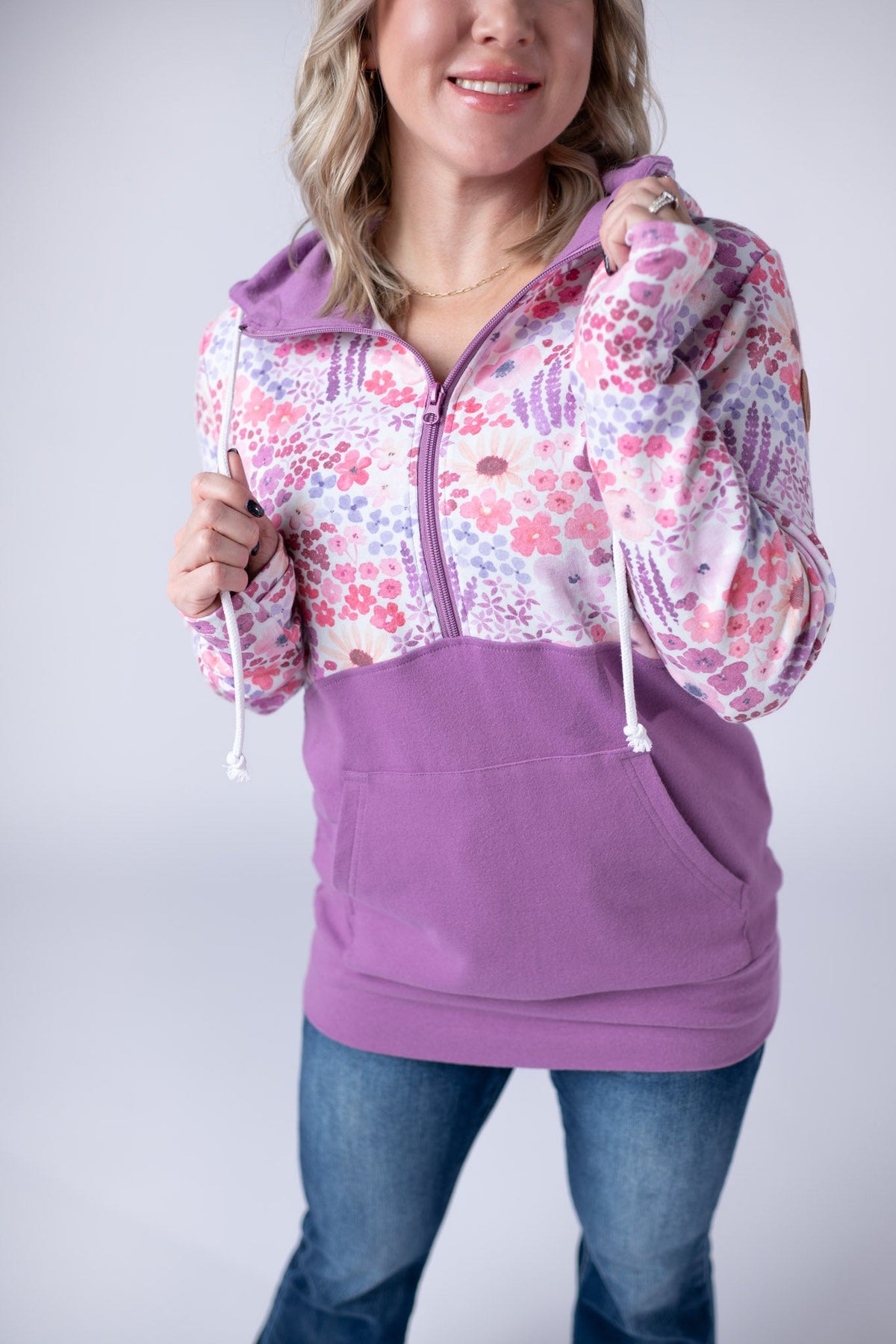 Halfzip Hoodie in Coral Sunset Floral and Mauve