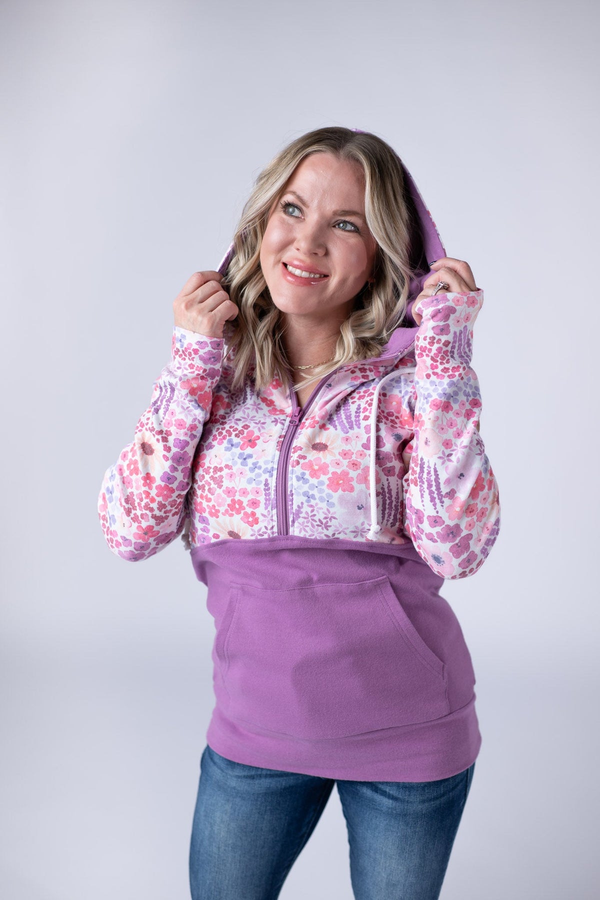 Halfzip Hoodie in Coral Sunset Floral and Mauve