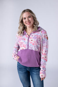 Halfzip Hoodie in Coral Sunset Floral and Mauve