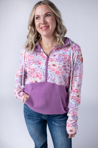 Halfzip Hoodie in Coral Sunset Floral and Mauve