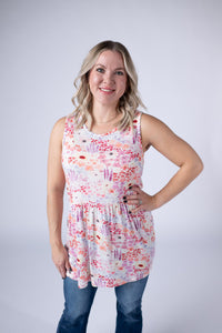 Renee Ruffle Tank Top in Coral Sunset Floral