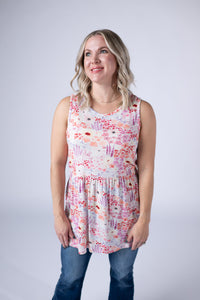 Renee Ruffle Tank Top in Coral Sunset Floral