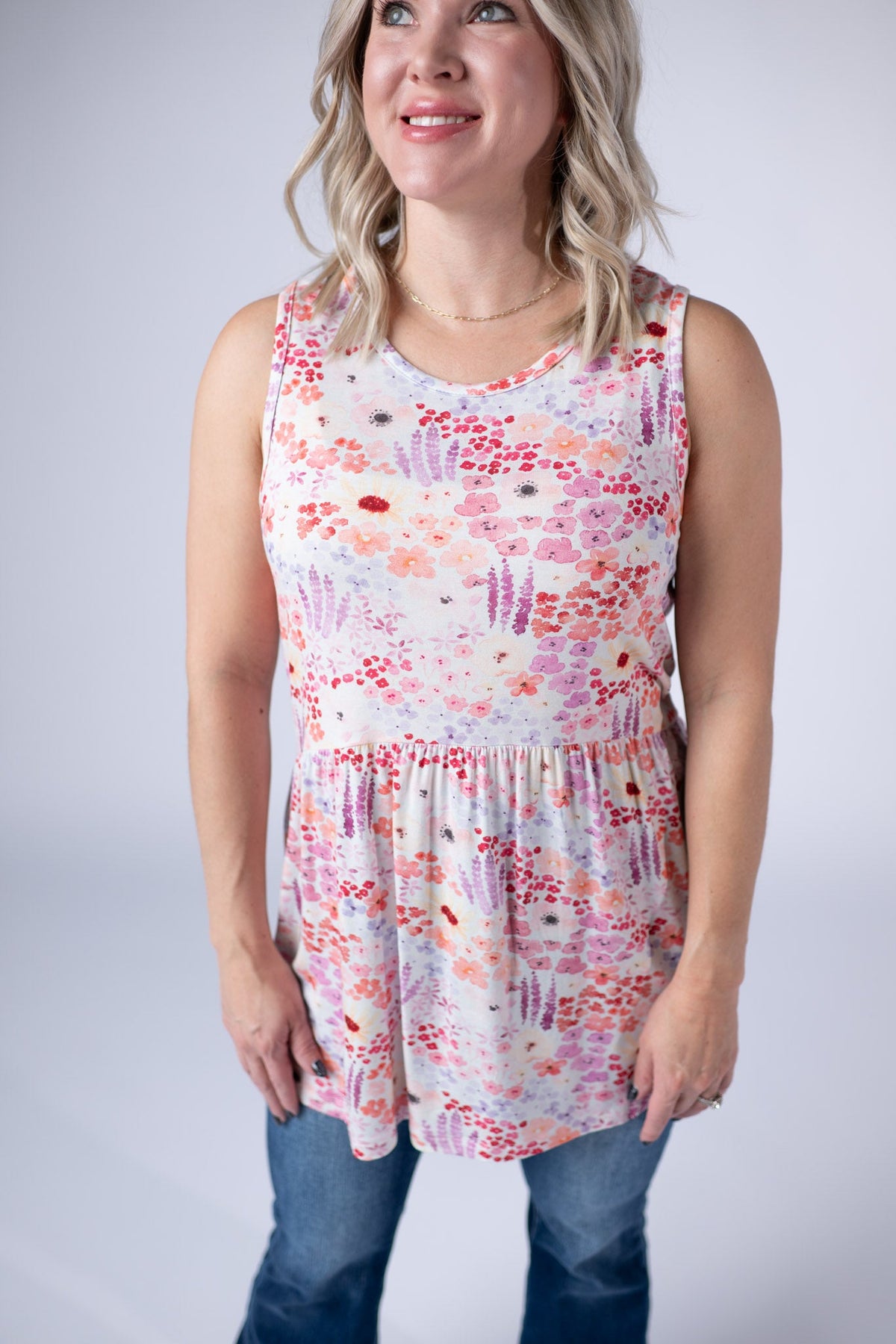 Renee Ruffle Tank Top in Coral Sunset Floral