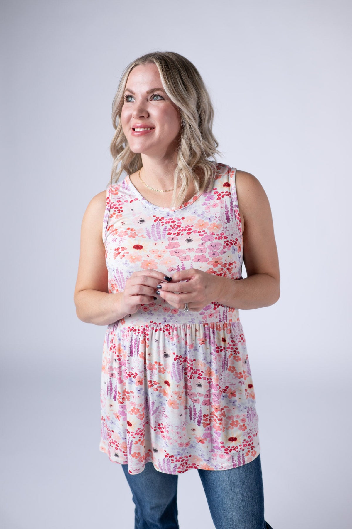 Renee Ruffle Tank Top in Coral Sunset Floral