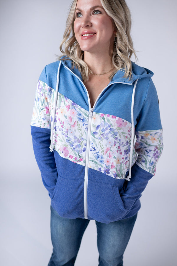 Colorblock Fullzip in Light Blue, Cottage Floral, and Blue