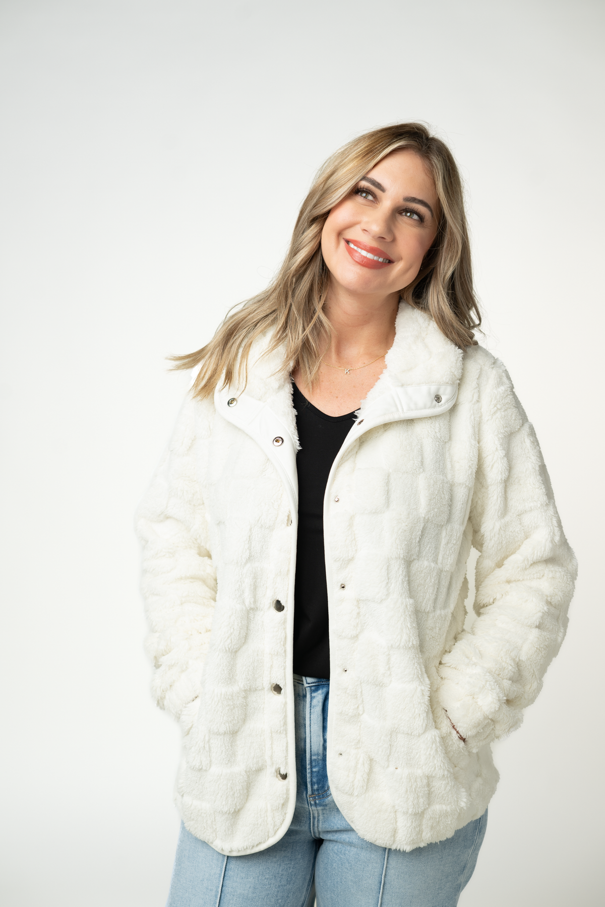 Checkered Snap Sherpa in Ivory