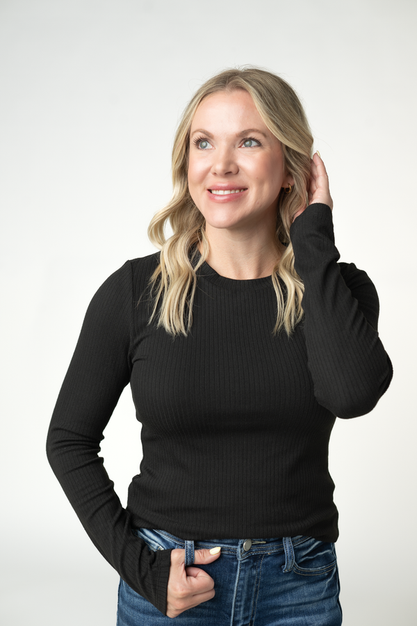 Reese Ribbed Long Sleeve Top in Black