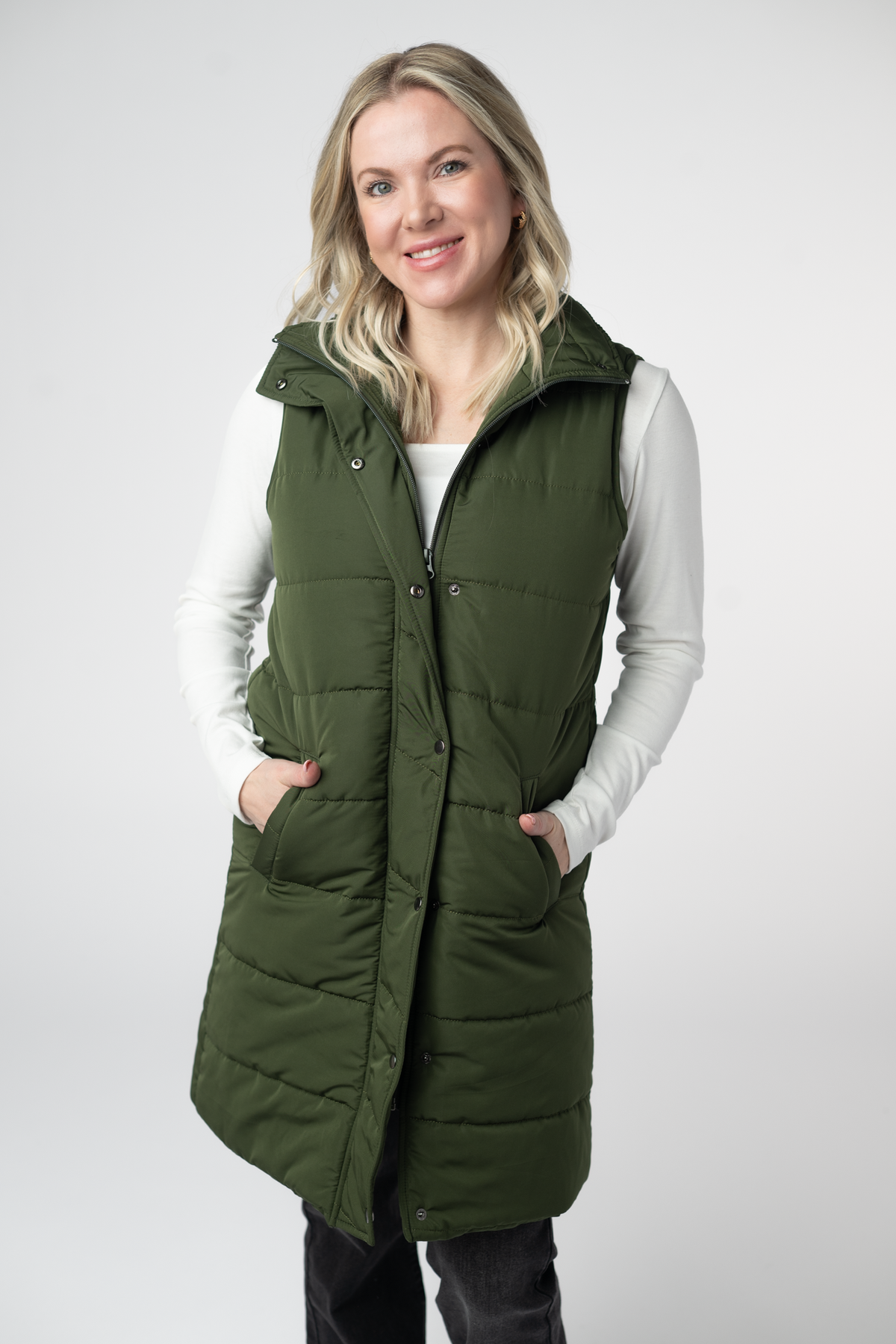 Harlow Long Vest in Dark Olive