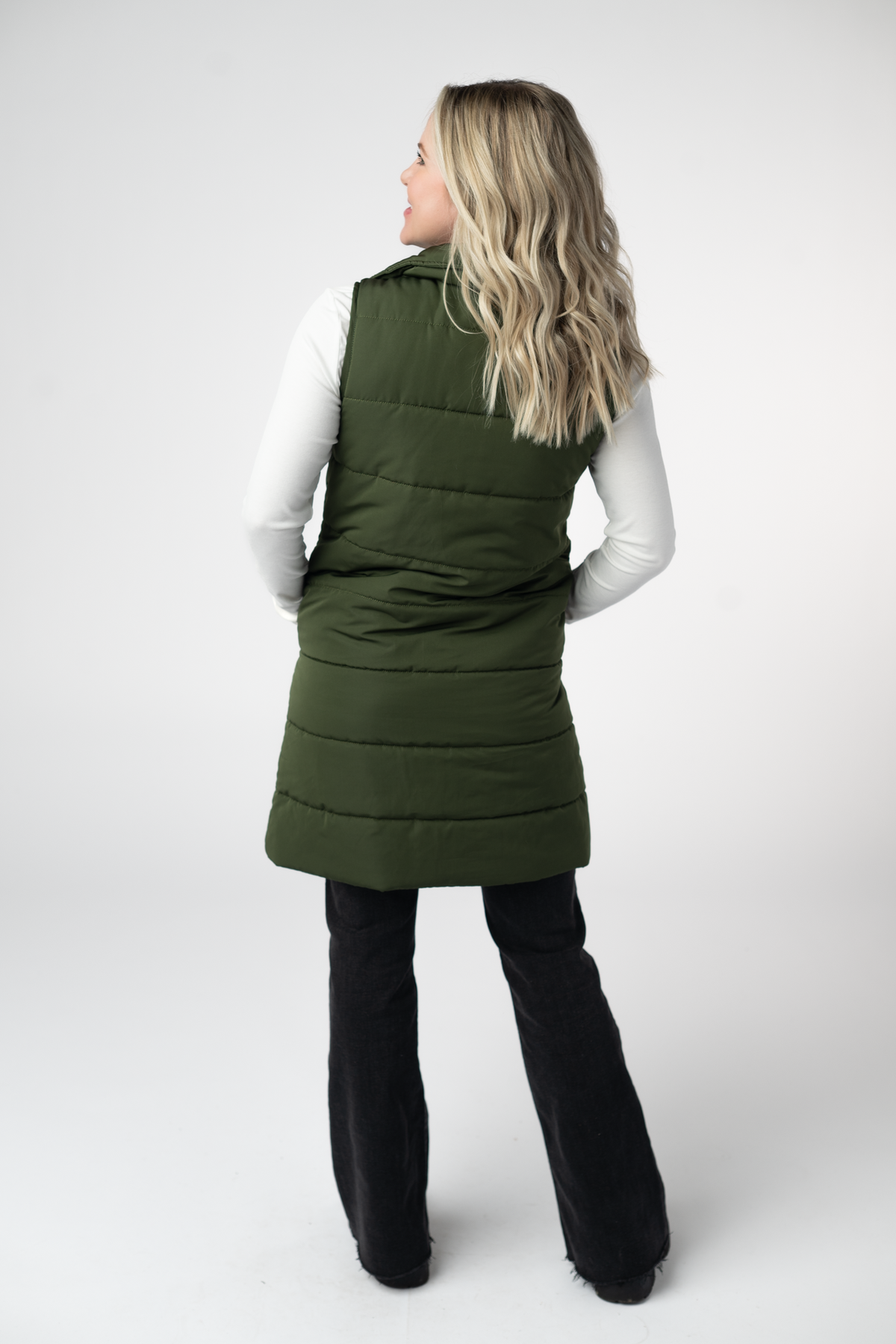 Harlow Long Vest in Dark Olive