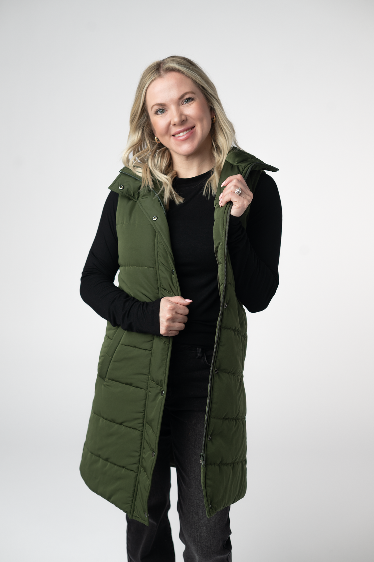 Harlow Long Vest in Dark Olive