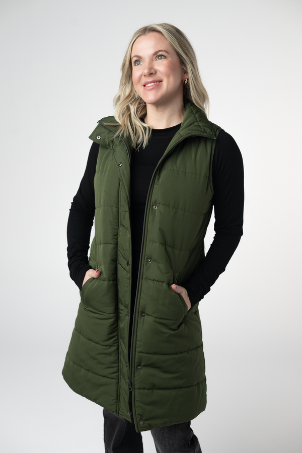 Harlow Long Vest in Dark Olive