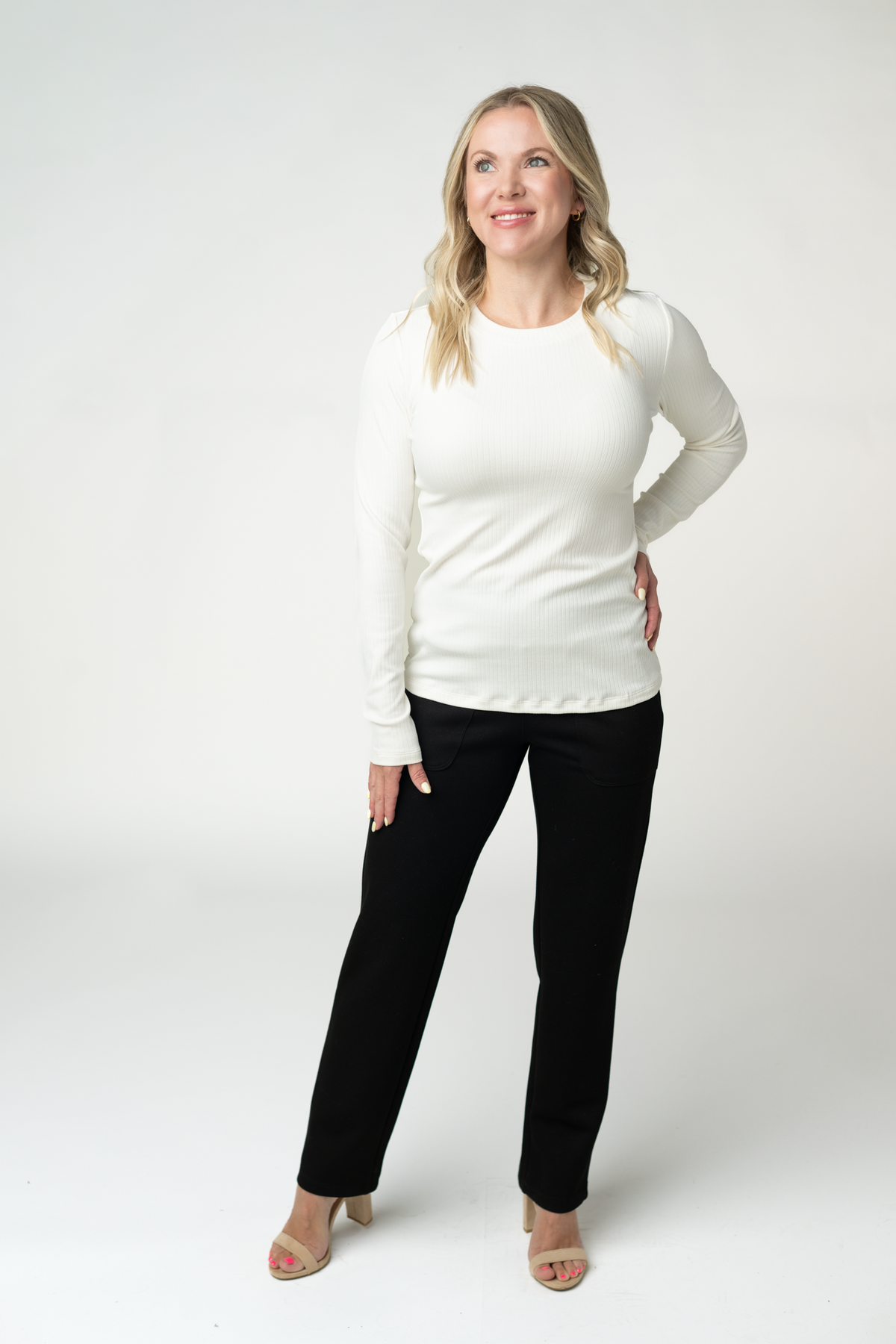 Reese Ribbed Long Sleeve Top in Ivory