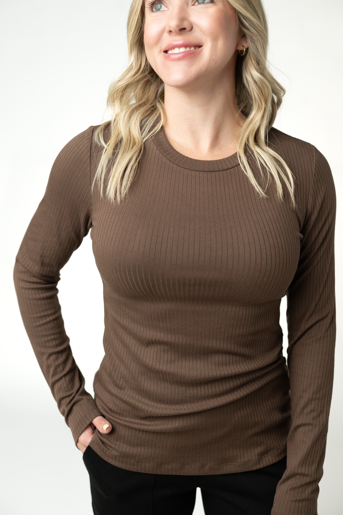 Reese Ribbed Long Sleeve Top in Brown