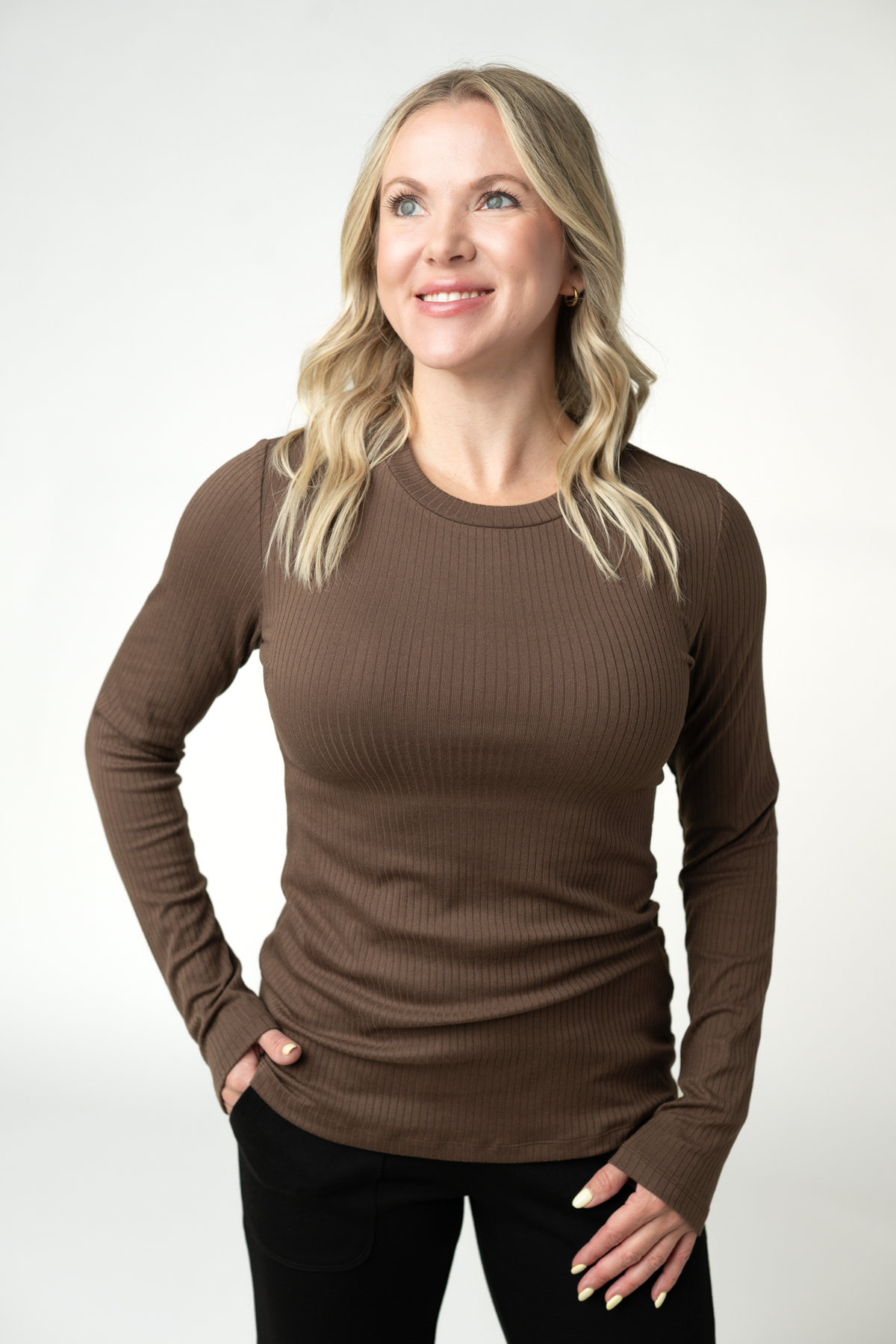 Reese Ribbed Long Sleeve Top in Brown