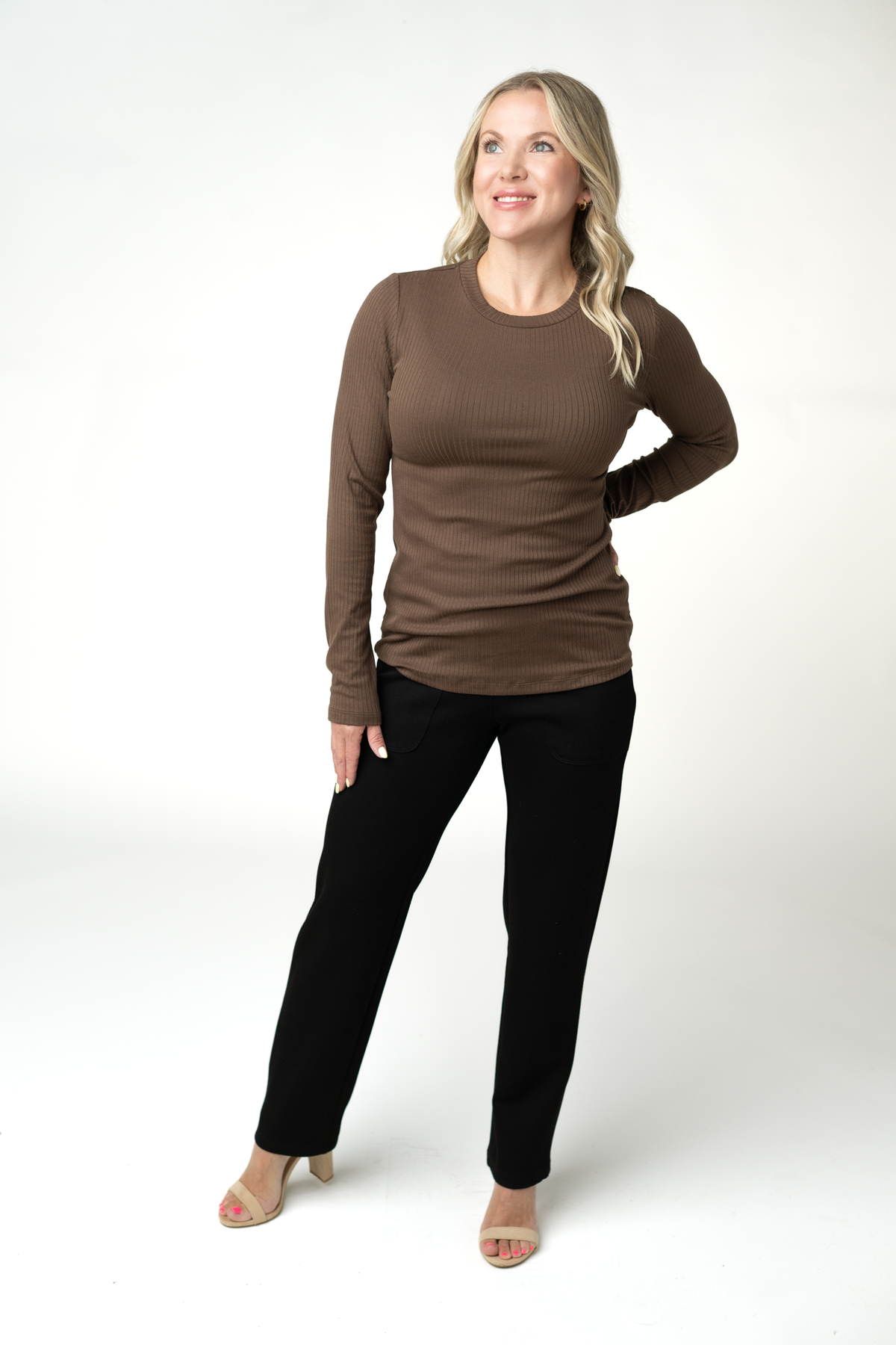 Reese Ribbed Long Sleeve Top in Brown