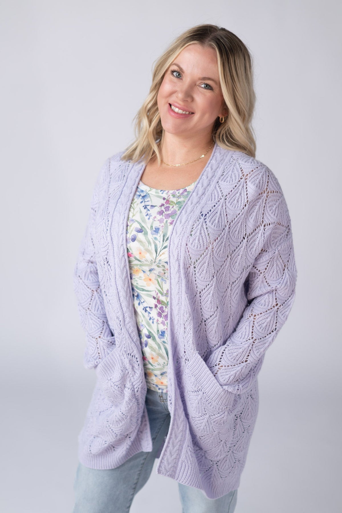 Open Knit Cardigan in Lavender