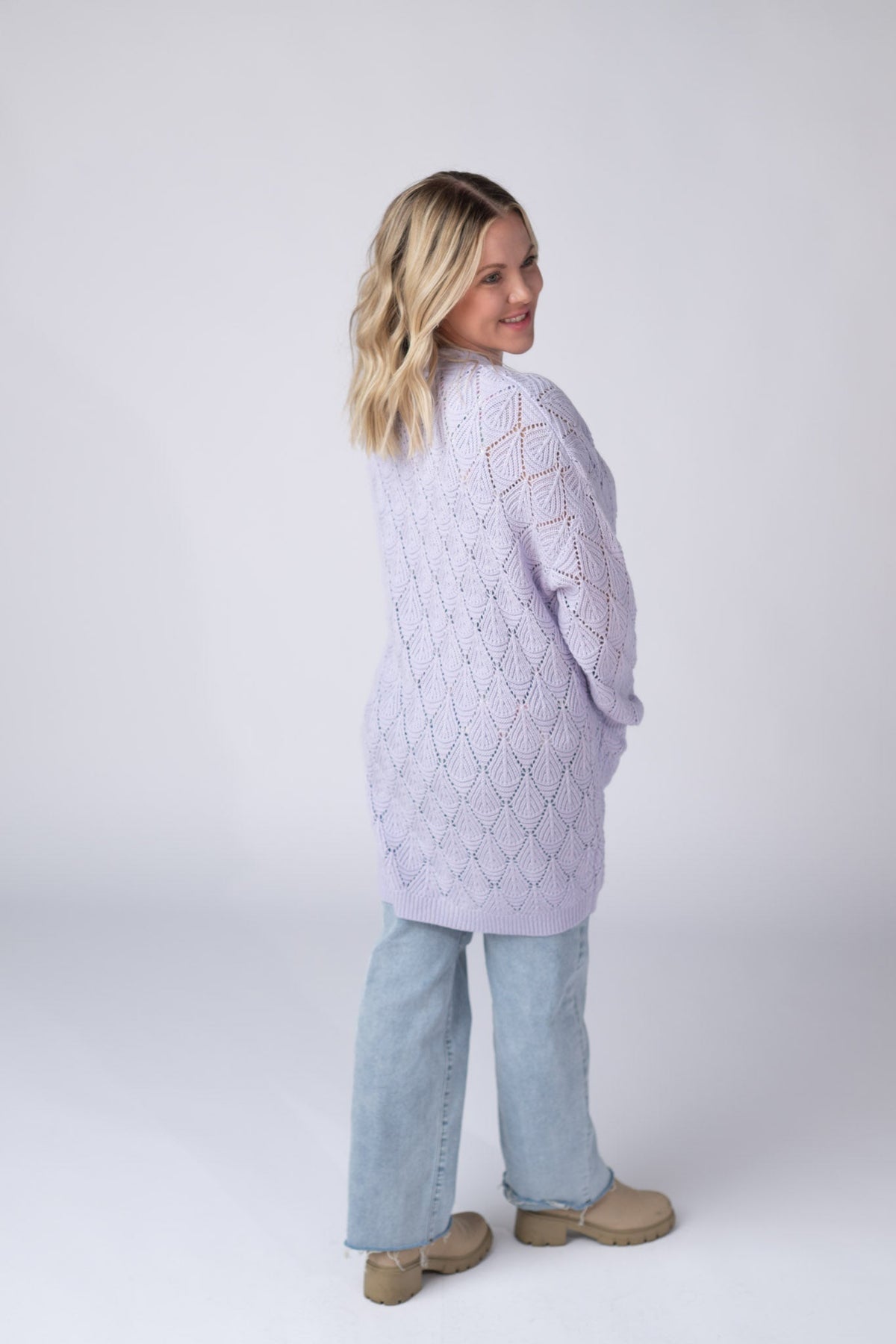 Open Knit Cardigan in Lavender