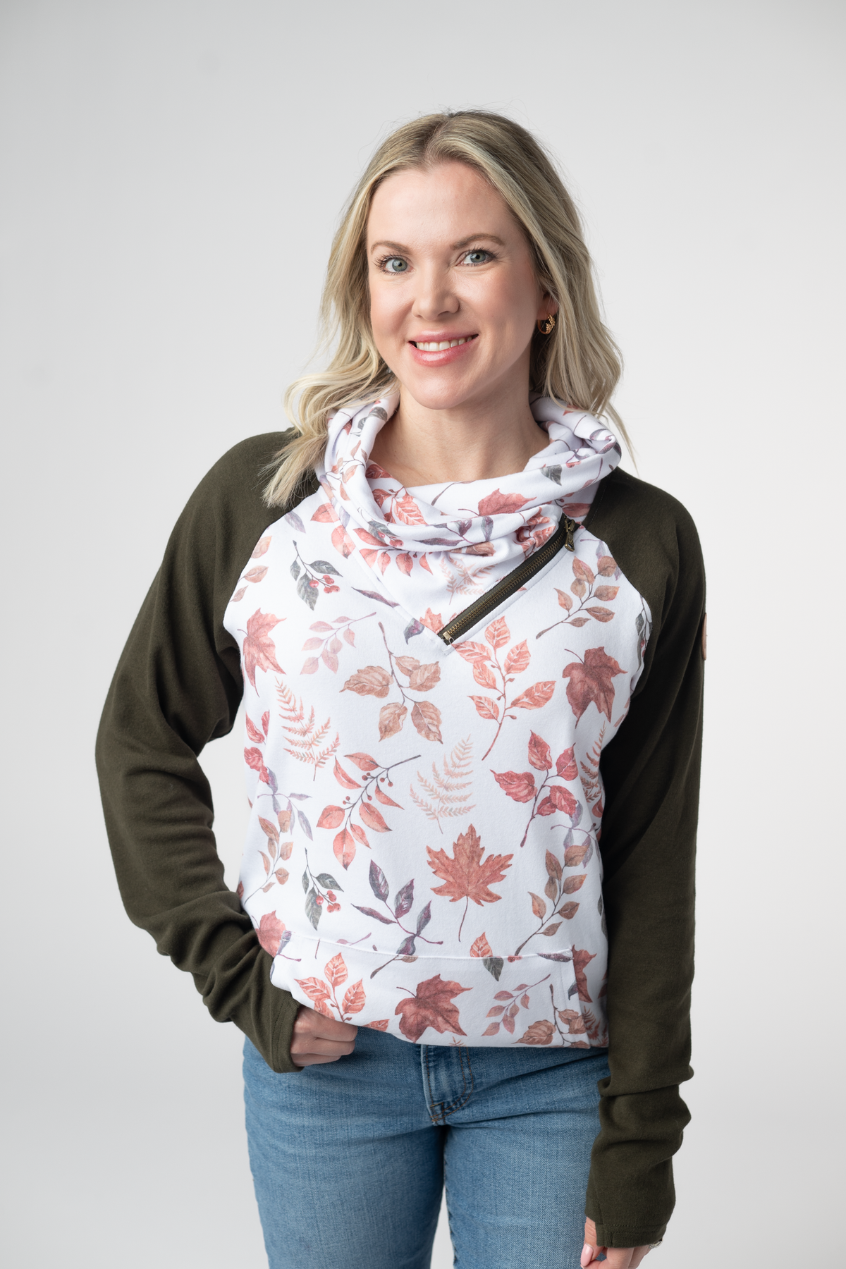 Classic Zoey ZipCowl Sweatshirt in Autumn Leaves and Olive