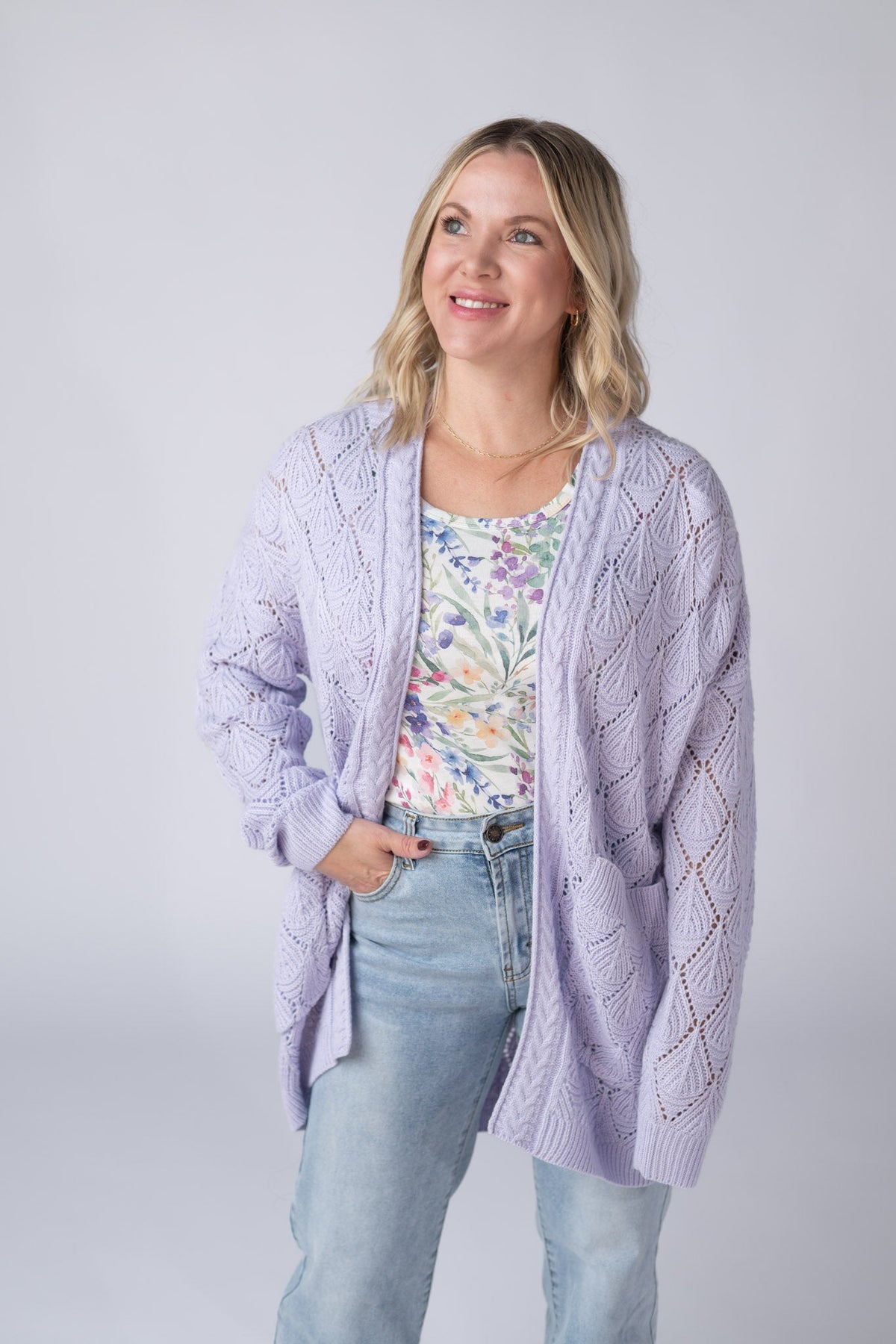 Open Knit Cardigan in Lavender
